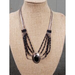 Vintage Sterling 5 Strand Liquid Silver Onyx Pendant Concho Necklace Southwest